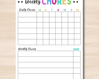 May include: A printable weekly chore chart with a colorful title and sections for daily and weekly chores. The chart includes a grid for daily chores with columns for each day of the week and rows for different tasks. The weekly chore section has a list of chores with a check box next to each one.
