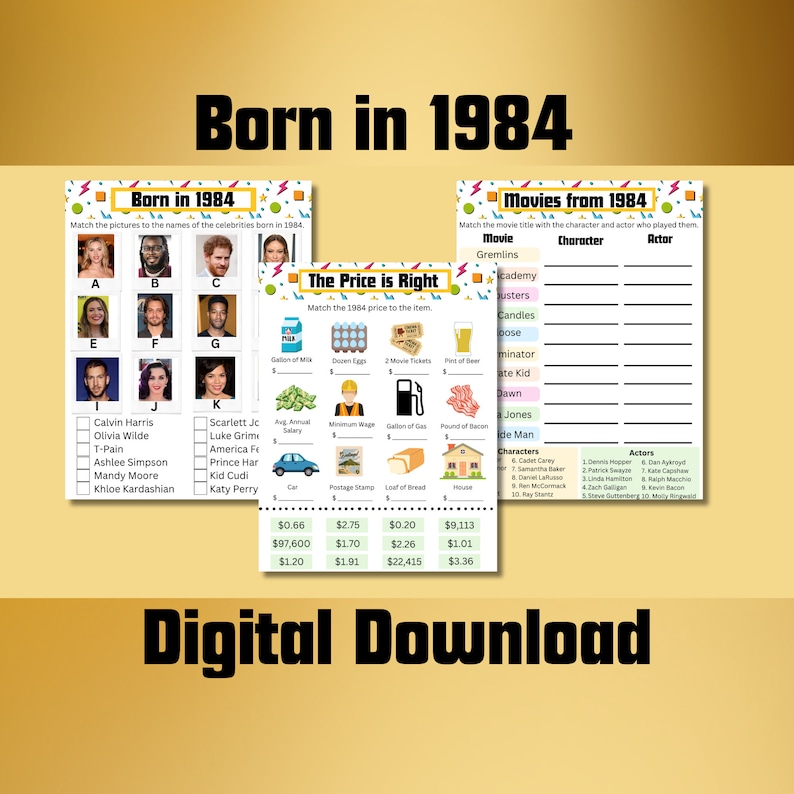40th Birthday Party Game Bundle - 1984 Trivia & More, Set Of 40 Cards For 20 Guests - View #11