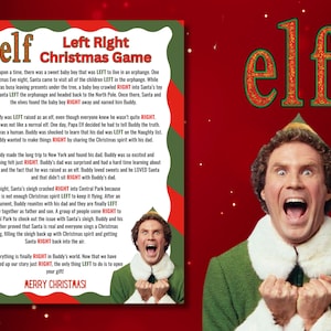 May include: A printable Christmas game card featuring Buddy the Elf from the movie Elf. The card has a red and green striped background with the text "Left Right Christmas Game" and a story about Buddy the Elf. The card also features a picture of Buddy the Elf with his mouth open and his arms raised in the air.