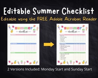 Summer Assignment Chart Printable Editable SUMMER Chore Chart, Summer Activities, Summer ...
