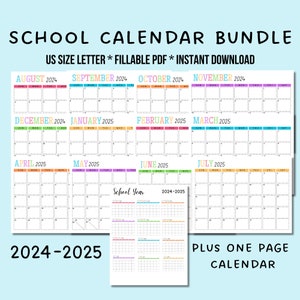 School Year Calendar Printable 2024-2025 Bundle Portrait Monthly Calendar Year at a Glance Academic Calendar Editable Yearly School Calendar