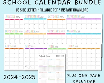 School Year Calendar Printable 2024-2025 Bundle Portrait Monthly Calendar Year at a Glance Academic Calendar Editable Yearly School Calendar