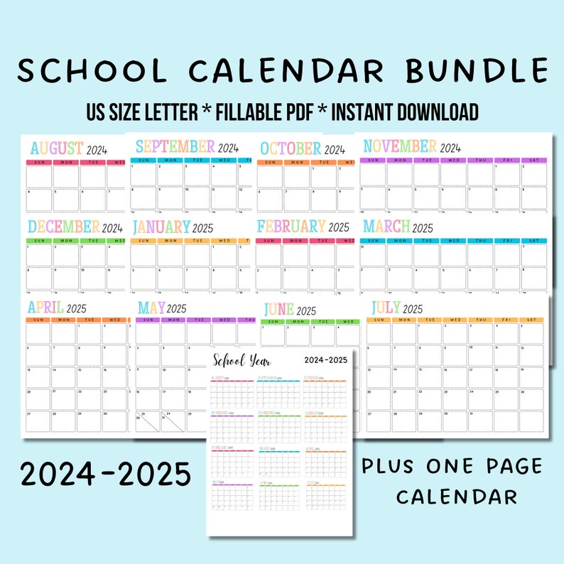 School Year Calendar Printable 20242025 Bundle Portrait Monthly Calendar Year at a Glance