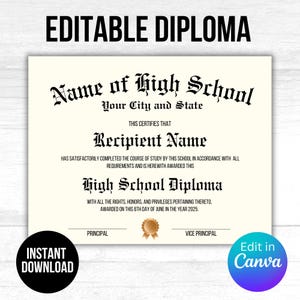 High School Diploma, Homeschool Diploma, Editable Diploma Template, GED Diploma, Printable Certificate With Seal, Diploma Replica, Canva
