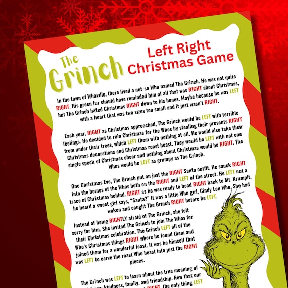 Grinch Left Right Christmas Game | Christmas Pass the Prize | Right Left Game | Christmas Pass Game | Grinchmas | Printable Games