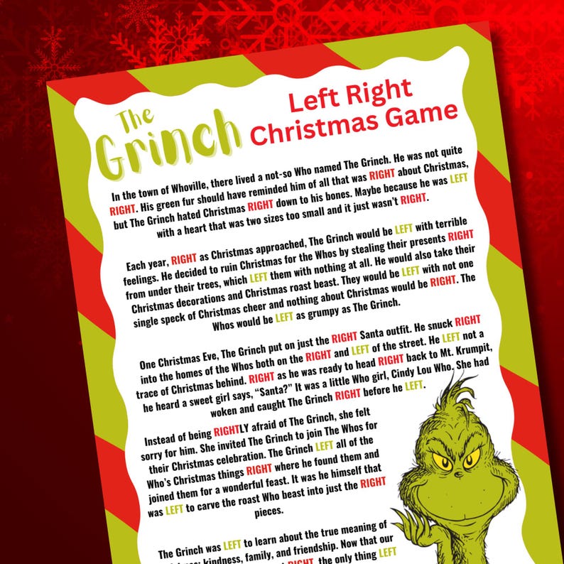 Grinch Left Right Christmas Game | Christmas Pass the Prize | Right Left Game | Christmas Pass Game | Grinchmas | Printable Games image 1