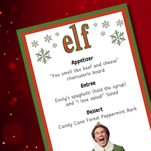 Elf, Christmas Dinner and a Movie Night Menu | Christmas Movie Idea, Family Movie Nights | Family Friendly Menus CUSTOMIZABLE
