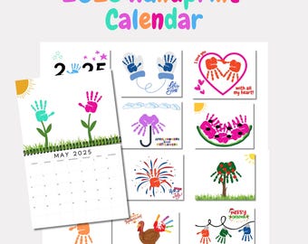 Handprint Calendar 2025 Landscape, Printable Handprint Craft Bundle, Handprint Footprint Art for Kids Baby Toddler Memory Keepsake DIY Card