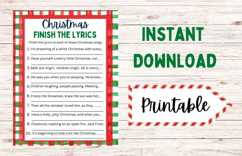 Printable Christmas Game, Christmas finish the Lyrics Game, Christmas