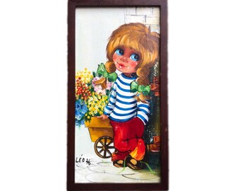 Big Eyed Girl Oil Painting: Framed Portrait with Flowers
