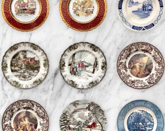 Collectible Antique Decorative Plate Set, English Village Scenes