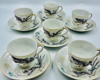 Vintage Lustreware Dragonware Demitasse Cup & Saucer, Moriage Espresso Cups, Dragonware Porcelain Teacup, Hand Painted Dragon Coffee Set