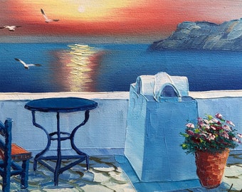 Vintage Seascape Oil Painting, Signed Beach Seaside Balcony, Framed