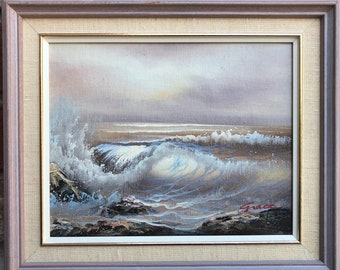 Vintage Oil Painting Seascape Painting Framed Signed on Canvas Beach Seaside Seawaves Beachhouse Decor Wall Art Coastal