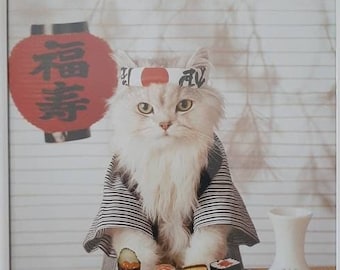 Framed Sushi Cat Art Print, Japanese Kitten Shifu Samurai