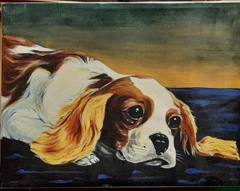 Vintage Original Oil Painting on stretched Canvas /Not Framed / Animal Portrait / Realism Style/Beagle Dog Portrait. 16"x12"