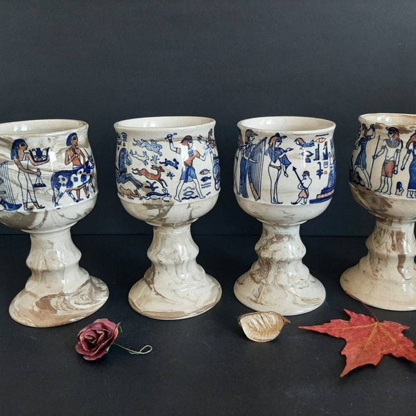 Vintage Goblet, Ceramic Chalice Goblet, Goblet Glasses,  Ancient Egyptian Motif,  Made by Laura Japan Circa 1970s,  6", Wedding Gift Goblets