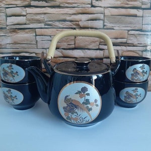 Vintage Tea Pot Set, Black Background, Birds and Flowers Pattern, Vintage Japanese Ceramic Teapot, Tea Set, Tea Cups and no Saucers