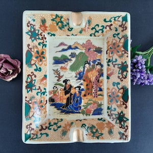 Satsuma Tray/Dish with Geisha Courtyard Motif, Trinket Dish, Candy Dish, Ring Dish, Jewelry Dish,  Gilding Porcelain, Hand Painted
