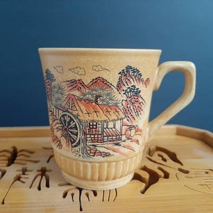 Beautiful Japanese Fine Art Mug,Vintage Coffee Mug Teacup with Landscape and Farmhouse Painting Style ,Waters and Mountains Theme