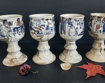 Vintage Goblet, Ceramic Chalice Goblet, Goblet Glasses,  Ancient Egyptian Motif,  Made by Laura Japan Circa 1970s,  6", Wedding Gift Goblets