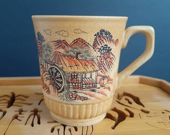 Vintage Japanese Ceramic Mug, Hand-Painted Farmhouse Landscape