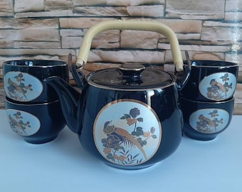 Vintage Tea Pot Set, Black Background, Birds and Flowers Pattern, Vintage Japanese Ceramic Teapot, Tea Set, Tea Cups and no Saucers