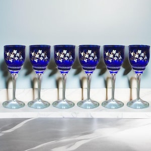 Blue Crystal Wine Glasses Set of 6  Luxury Brand 5&quot; Vintage Bohemian Wine Glasses