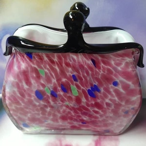 Art Glass Handbag, Vintage Art Glass Purse, Art Deco, Arte Murano Style, Glass Sculpture, Glass Art, Handblown Glass, Pink Mottled, Italy