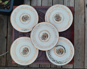 Vintage German Furstenberg Porcelain Dishes, Plates, Set of Five, Figures and Flower Pattern, Victorian Scene and Style,