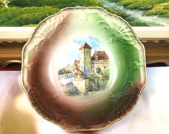 1909 Antique Germany Three Crown China Bowl Hand Painted Multioclor  Landscape Scene Scallop Edge Embossed Floral Pattern Rare Antique Item!