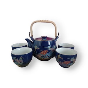 Vintage Tea Set Japan Cobalt Blue Sake Teapot & Cup Set Enamel Gold Birds and Iris Flower Pattern Bamboo Handle Teaset, Tea Cups