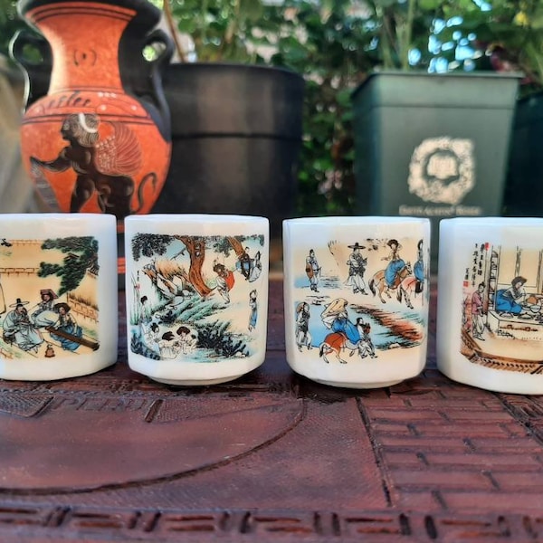 1960 Korean Vintage Ceramic Sake and Tea Cups, Set of 4, Espresso cups Demitasse cups, Coffee Cups, Ancient Korean Motif Hand Painted