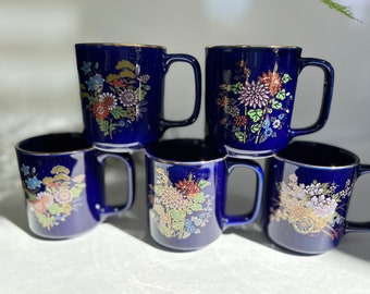Vintage Japan Cobalt Blue Porcelain Mugs, Floral Tea Cups, Set of 5
