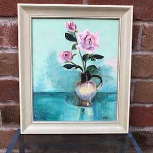 Vintage Original Oil Painting, Moody Floral Painting Wall Art, Still Life Oil, Flower Roses arrangement, Antique Wall Art, Wood Framed