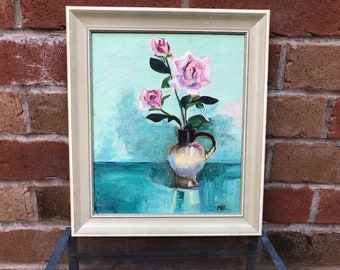 Vintage Original Oil Painting, Moody Floral Painting Wall Art, Still Life Oil, Flower Roses arrangement, Antique Wall Art, Wood Framed