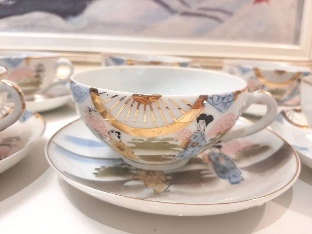 Antique Japanese Bone China Tea Cups and Saucers, Coffee Cups, Made in