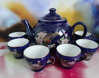 Vintage Kutani Porcelain Tea Pot Set, Lustrous Glaze Cobalt Blue Teapot, Birds and Flowers Pattern, Japanese Ceramic Tea Set, 6 Tea Cups