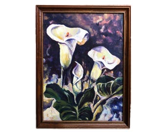 Mid Century Modern Calla Lilies Oil Painting, Vintage Framed Still Life