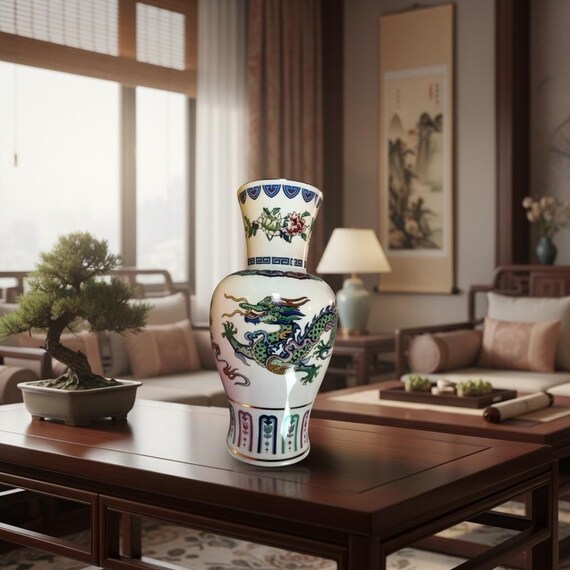 Vintage the Dance of the Celestial Dragon Porcelain Vase by Chien