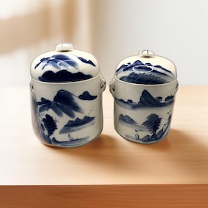 Vintage Lidded Candy Jar, Kitchen Canister and  Container, Blue and White, Oriental Mountain and Water Theme, Chinoiserie Style a set of 2