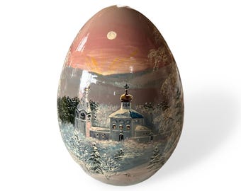 Vintage Hand-Painted Egg: Winter Landscape Scene, 6" Tall