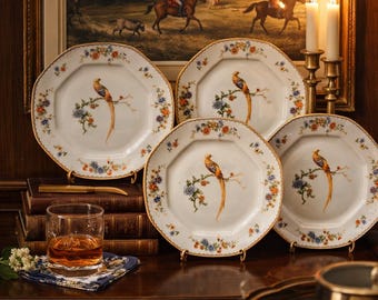Set of 4 Vintage MZ Altrohlau Czechoslovakia Golden Pheasant Dinner Plates – Octagonal Fine China