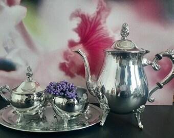 Value Set of 4 Pcs Silver Plated Tea Set, Vintage Teapot, Sugar and Creamer, Silver Plate, Made in Canada 1995, Condition Almost New