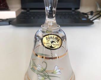 Vintage Bohemian Crystal Bell – Czech Floral Etched, Gold Trim