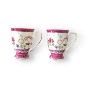 Fabulous Floral Coffee Mugs, Set of 2 Bone China Mugs, Pedestal Mugs With Bird & Flowers, Coffee Cups, Shabby Chic