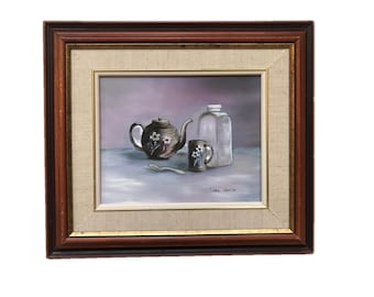 Vintage Floral Teapot Oil Painting, Framed Still Life Art