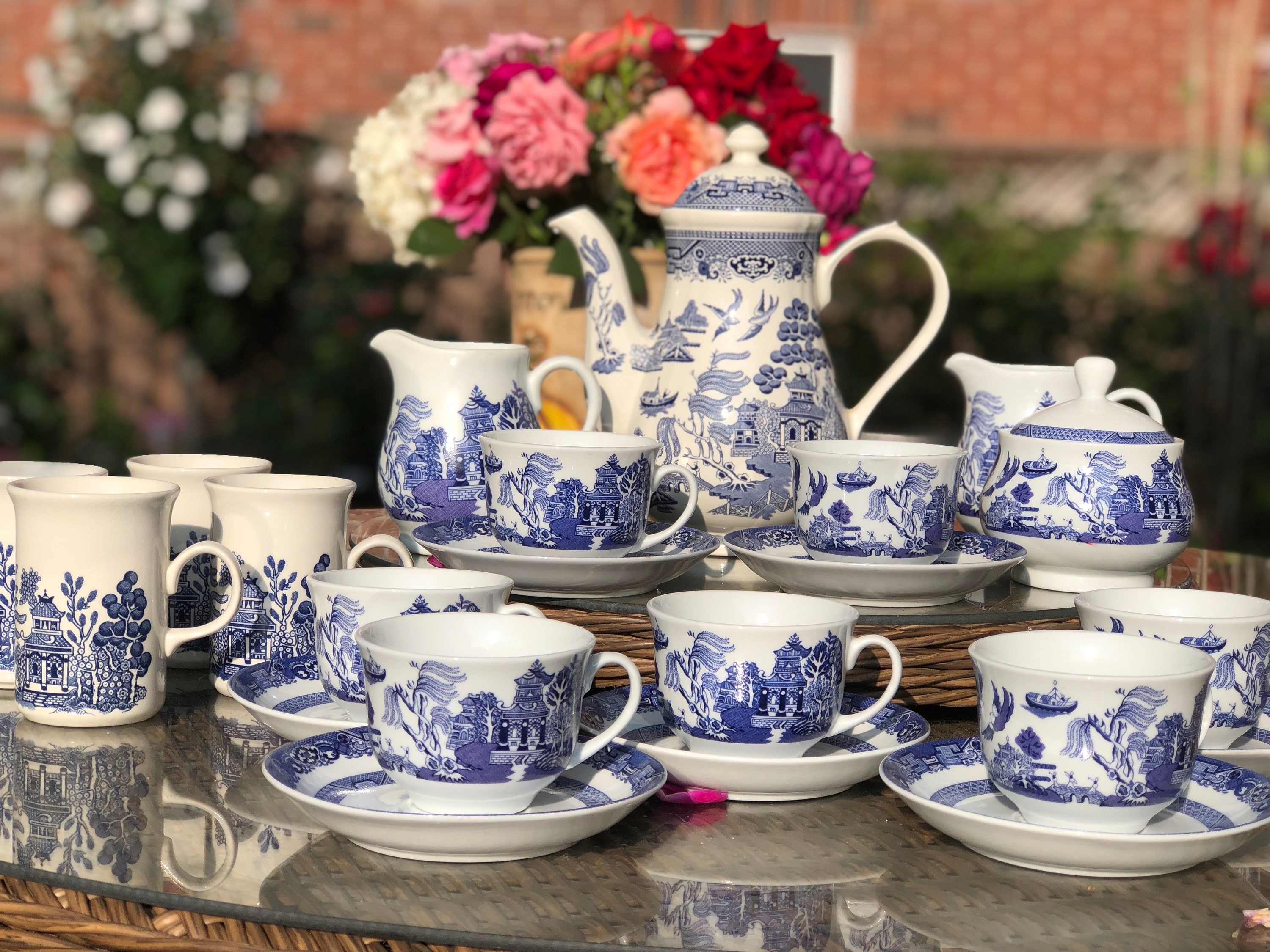 Blue Willow Dishes, Unique Teapot, Delft Blue, Calamityware :Things Could Be Worse Porcelain Chinaware, Antique Art Mugs, Teapot+Sugar & Creamer+2