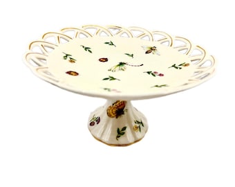 Skye McGhie Chatsworth Footed Floral Trinket Dish Reticulated Gold Trim Bowl