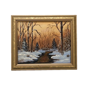 Vintage Oil Original Landscape Painting Framed, Winter Scene, Signed Painting on Canvas, Wall Art Decor